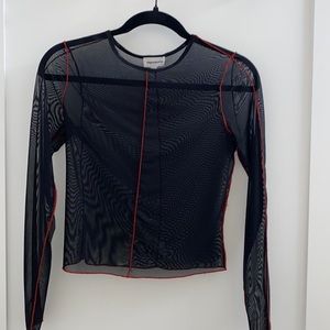 XS superdown - black sheer top with red stitching!